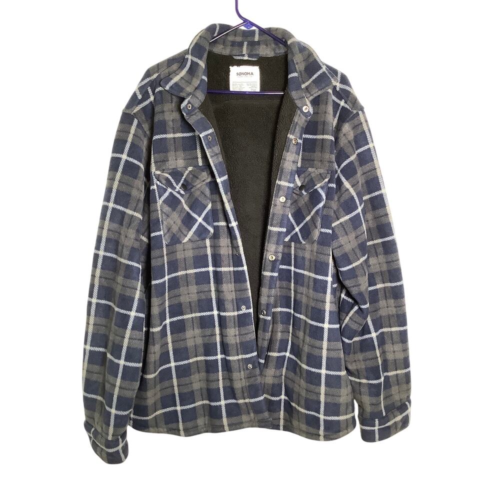 Sonoma Men's 2XL Blue Gray Plaid Flannel Sherpa-Lined Snap Shirt Jacket HR10-23